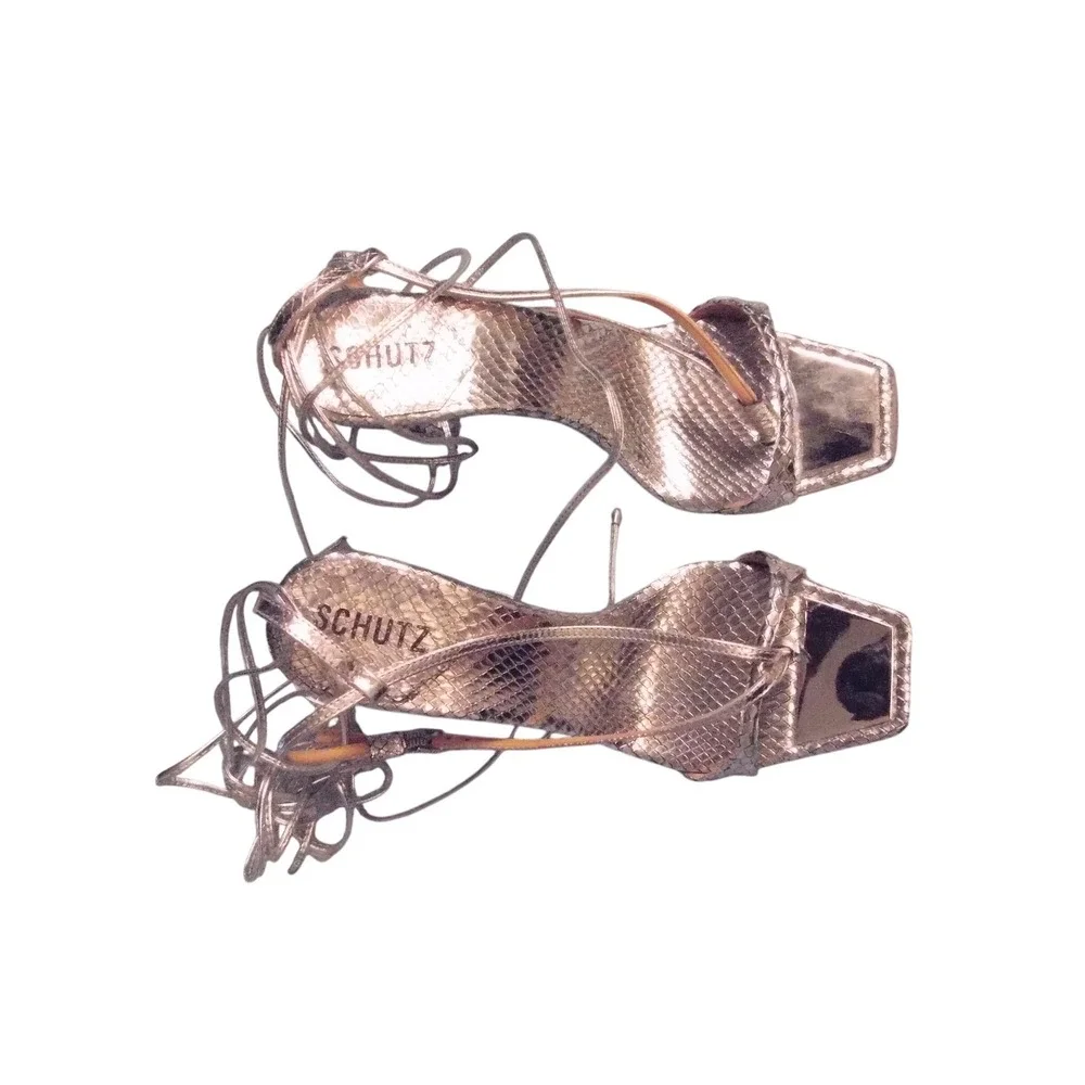 SCHUTZ Silver Metallic Snakeskin Square Toe Strappy Stiletto Heels Shoes 8.5 USA - Picture 1 of 8